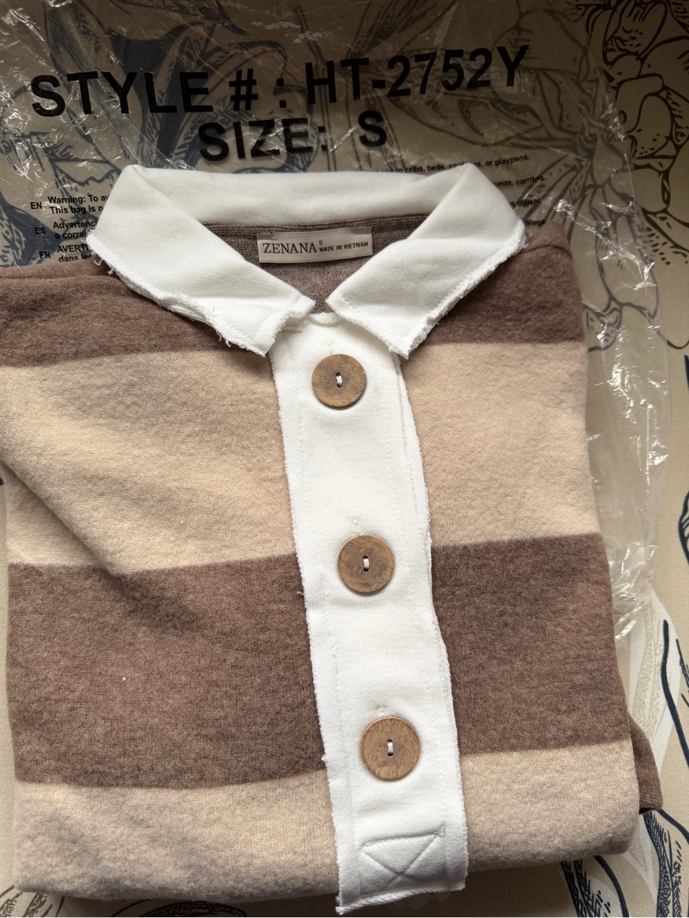 Zenana Brown and Cream Striped Button-Neck Pullover soft Hacci material - Picture 2 of 2